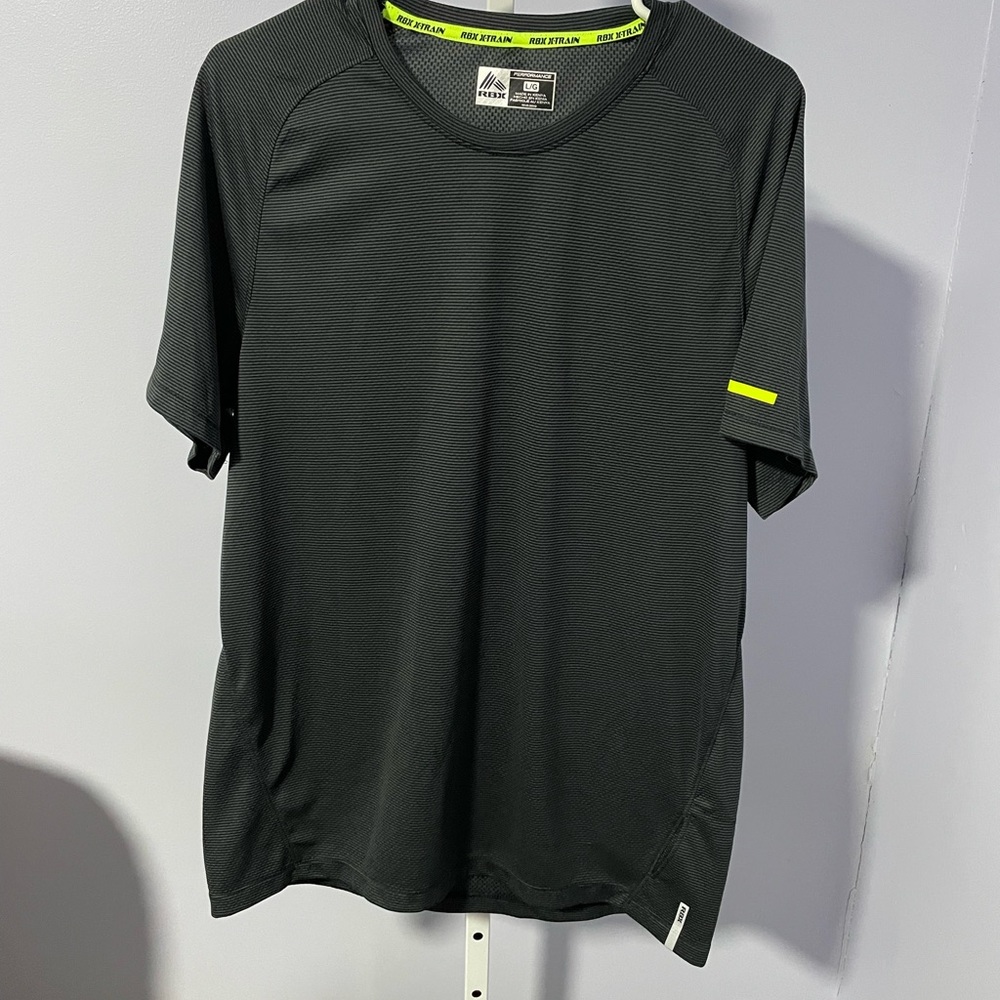 Men’s RBX X-Train Size Large Black and Dark Gray Striped Crew Neck Tee